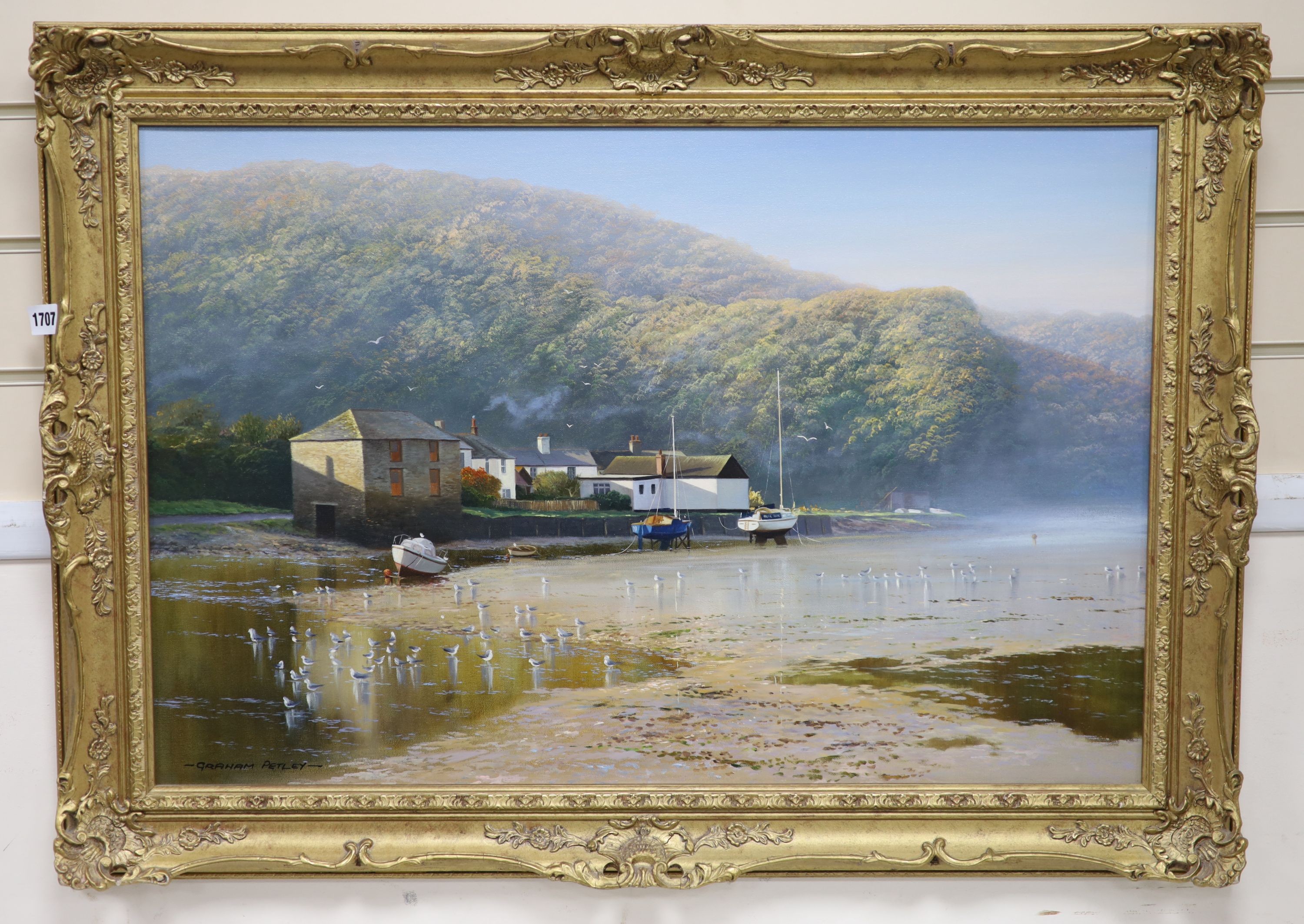 Graham Petley (b.1944), ‘Low tide, Lerryn, Cornwall’, Oil on canvas, 50 x 75cm.